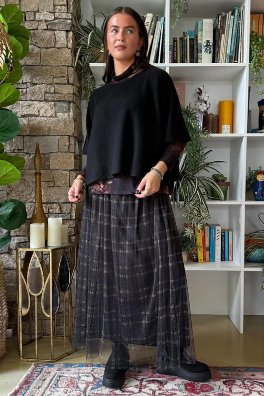 Enid Plaid Tulle Midi Skirt Black
